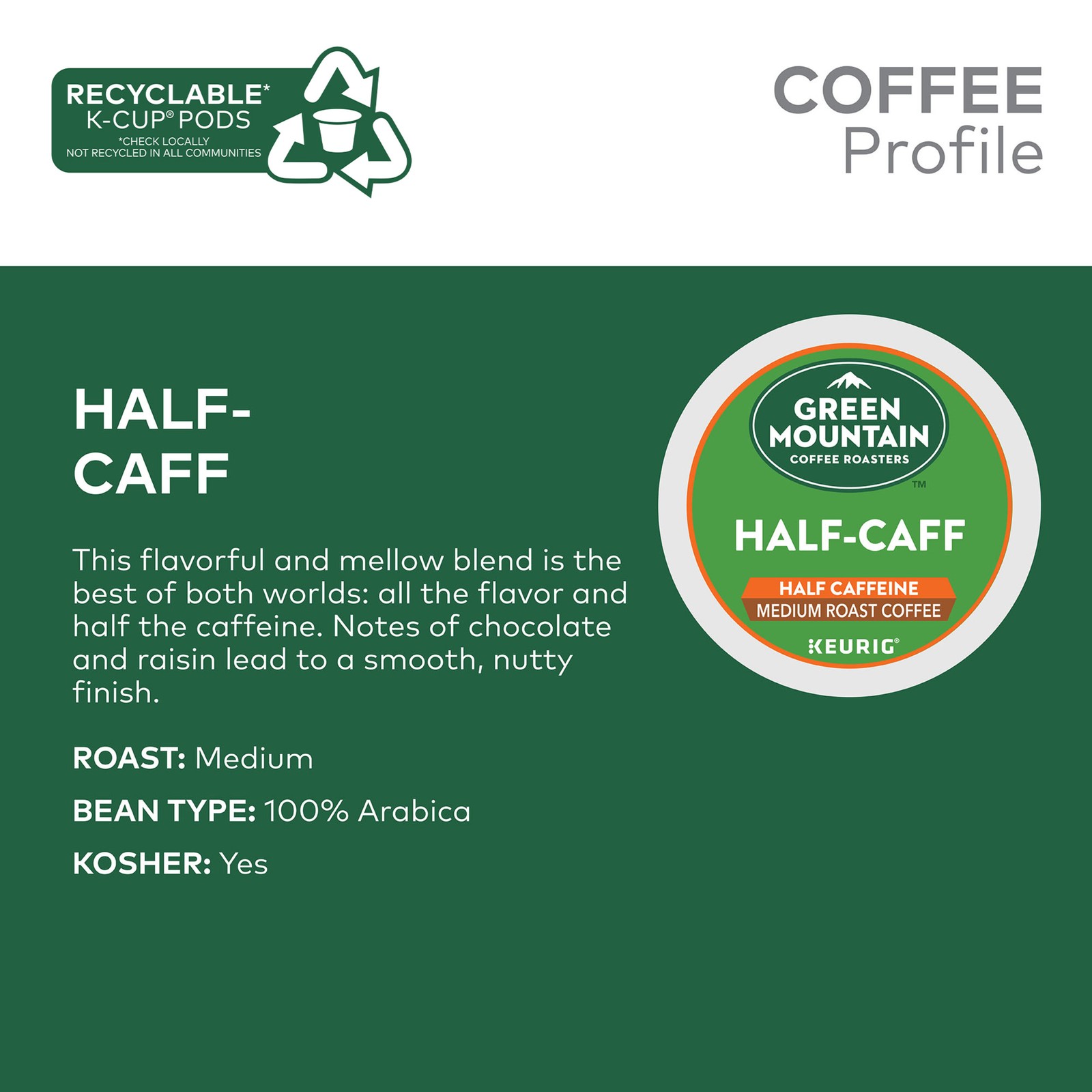 Green Mountain Coffee Half-Caff, Keurig K-Cup Pod, Medium Roast, 96 Count