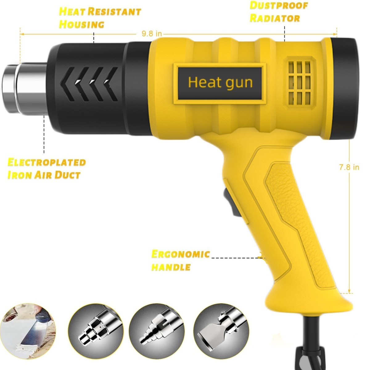 2000W Heat Gun Electric Hot Air Gun Stepless Temperature Heater 4 Nozzles Tool
