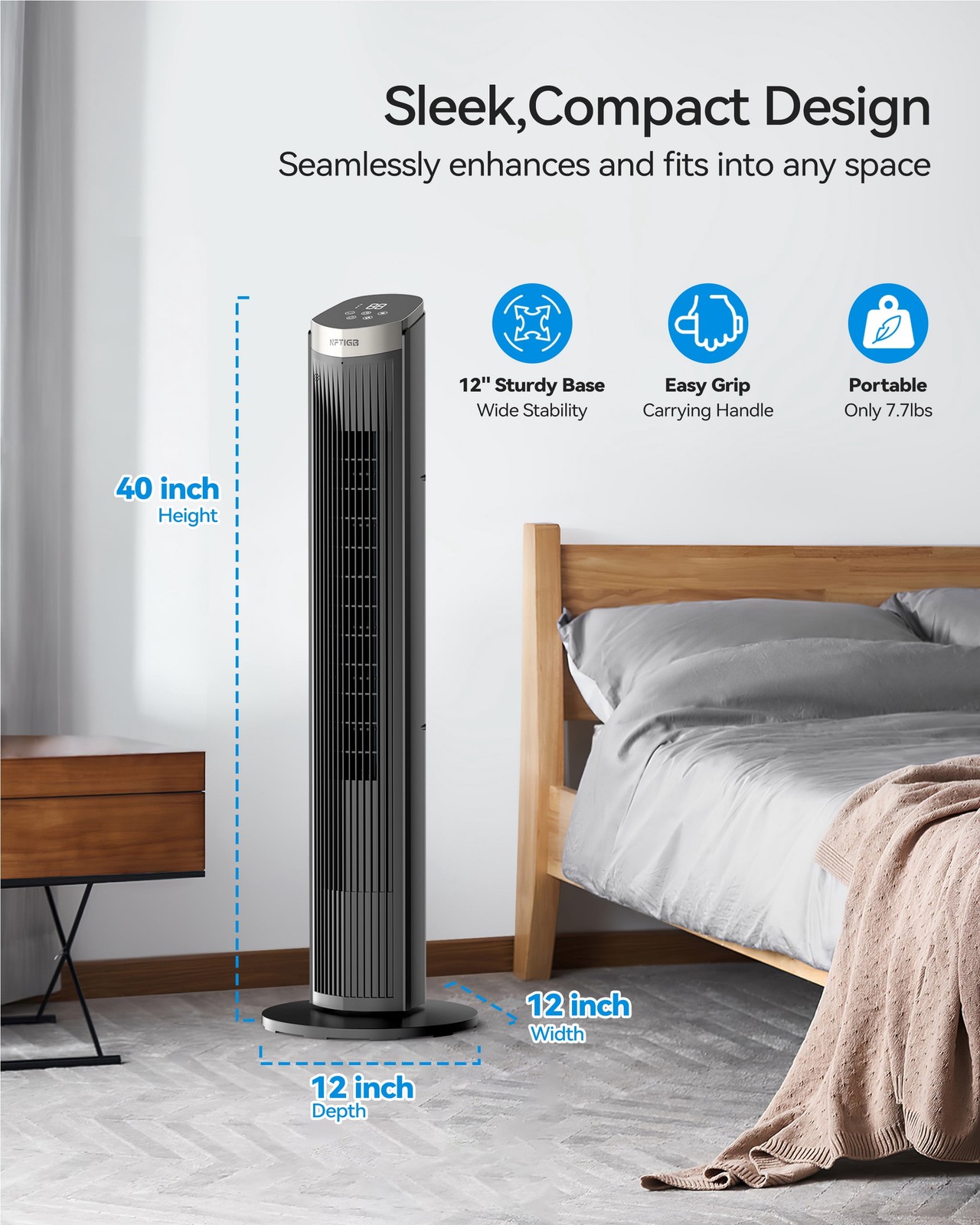 40″ Bladeless Tower Fan 5-Speed 70° Oscillation 35dB Quiet Remote Black White