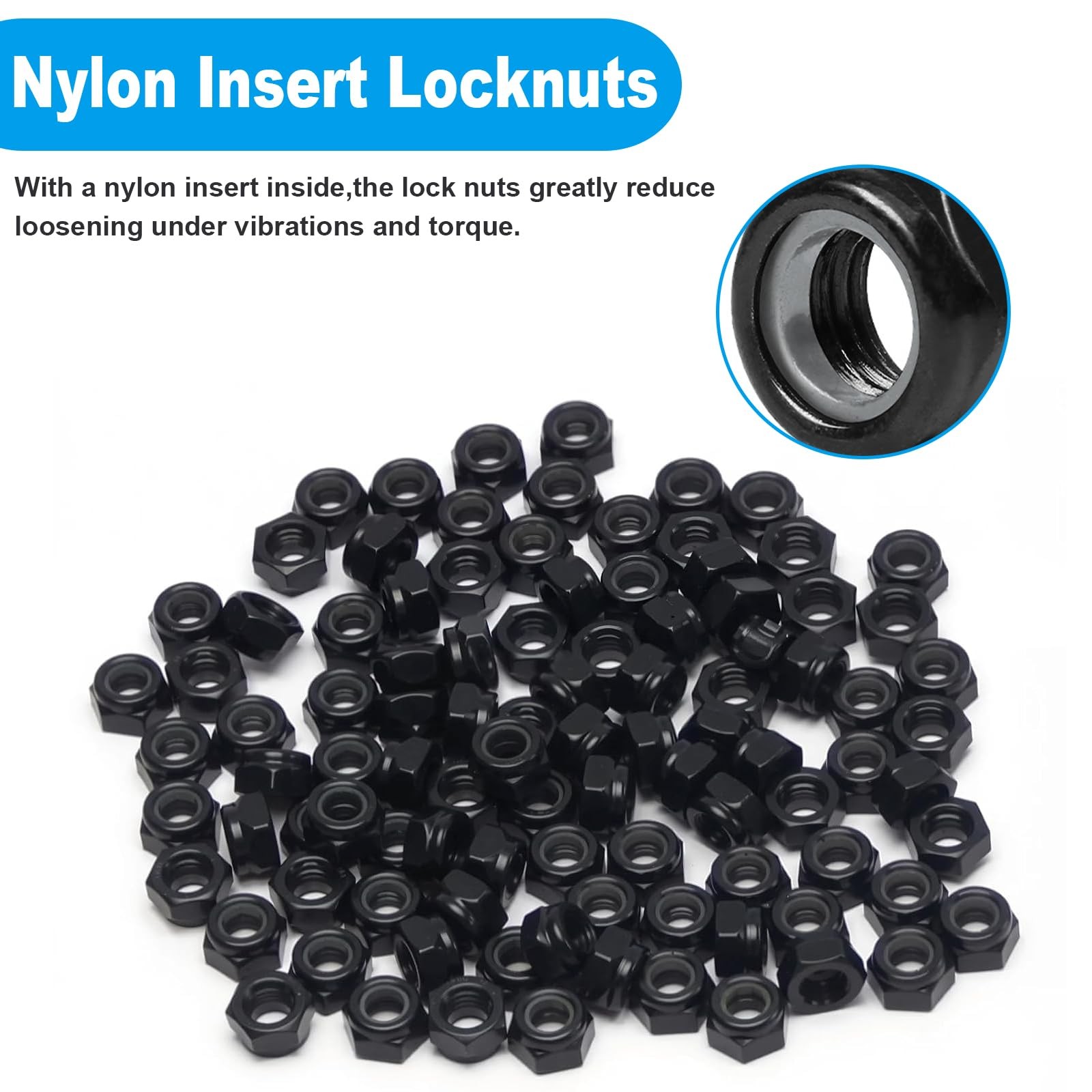 Yinpecly 50Pcs M8 x 1.25mm Nylon Insert Hex Lock Nuts Carbon M8; 50pcs, Black