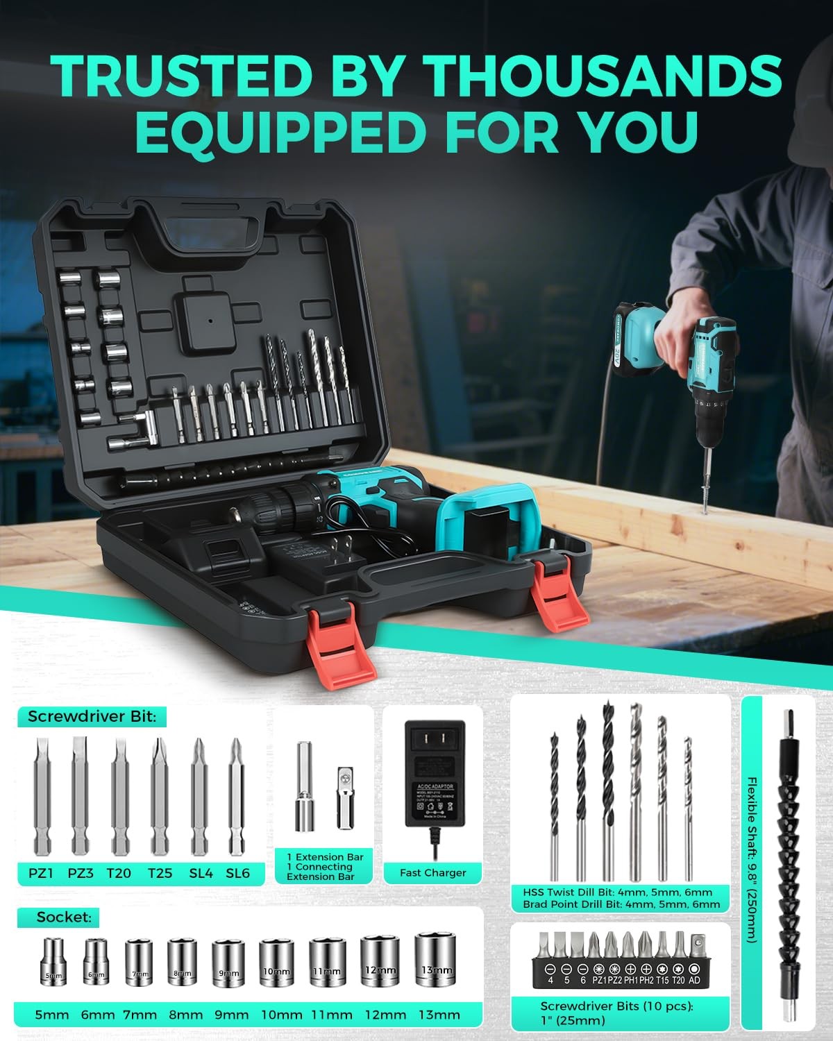 20V Cordless Drill, Electric Power Drill Set with 1 Battery & Charger, 3/8″ K…