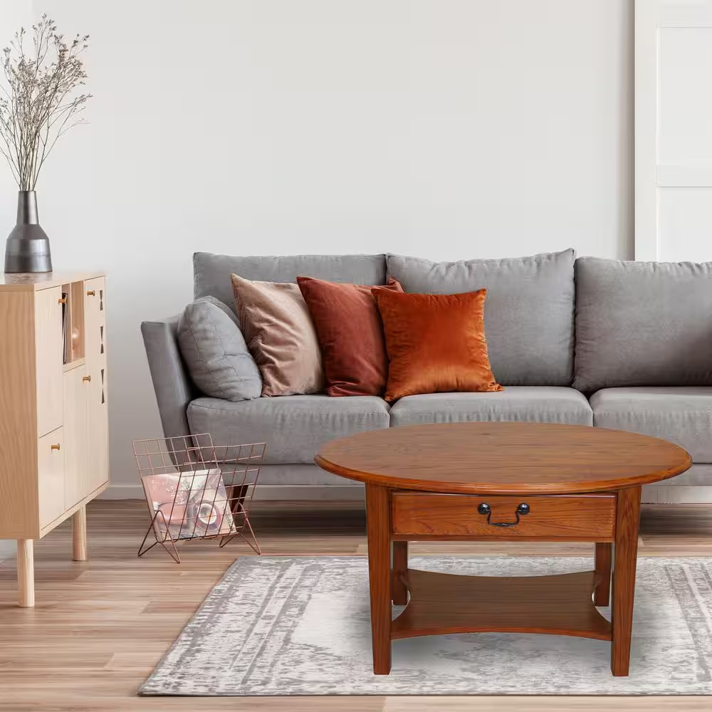 35 In. Oak Oval Wood Top Coffee Table with Shelf