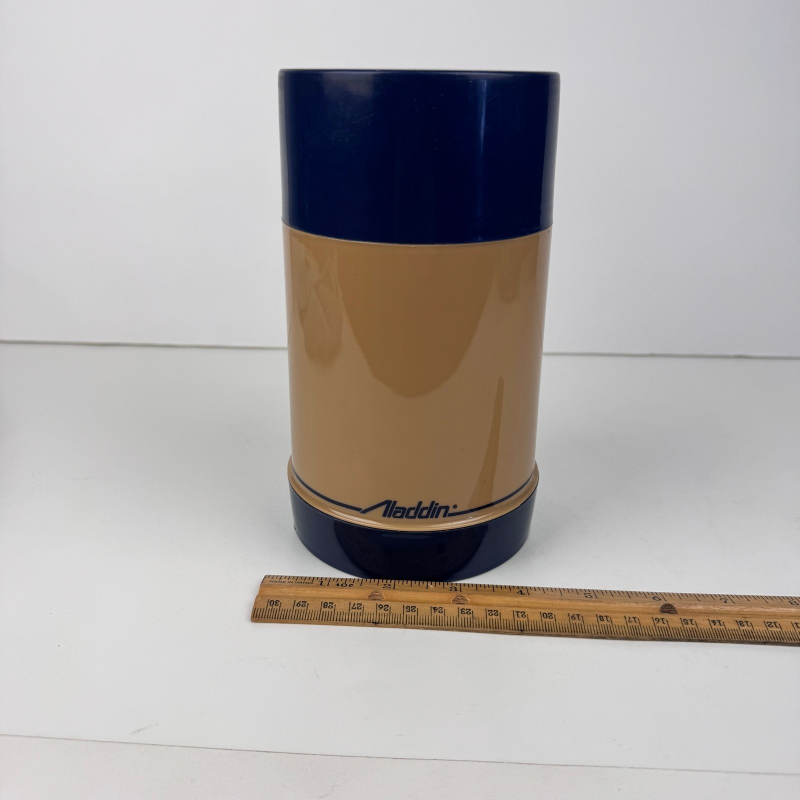 Vtg Aladdin Plastic Travel Thermos Tan Blue Pint Wide Mouth Decor Upcycle READ