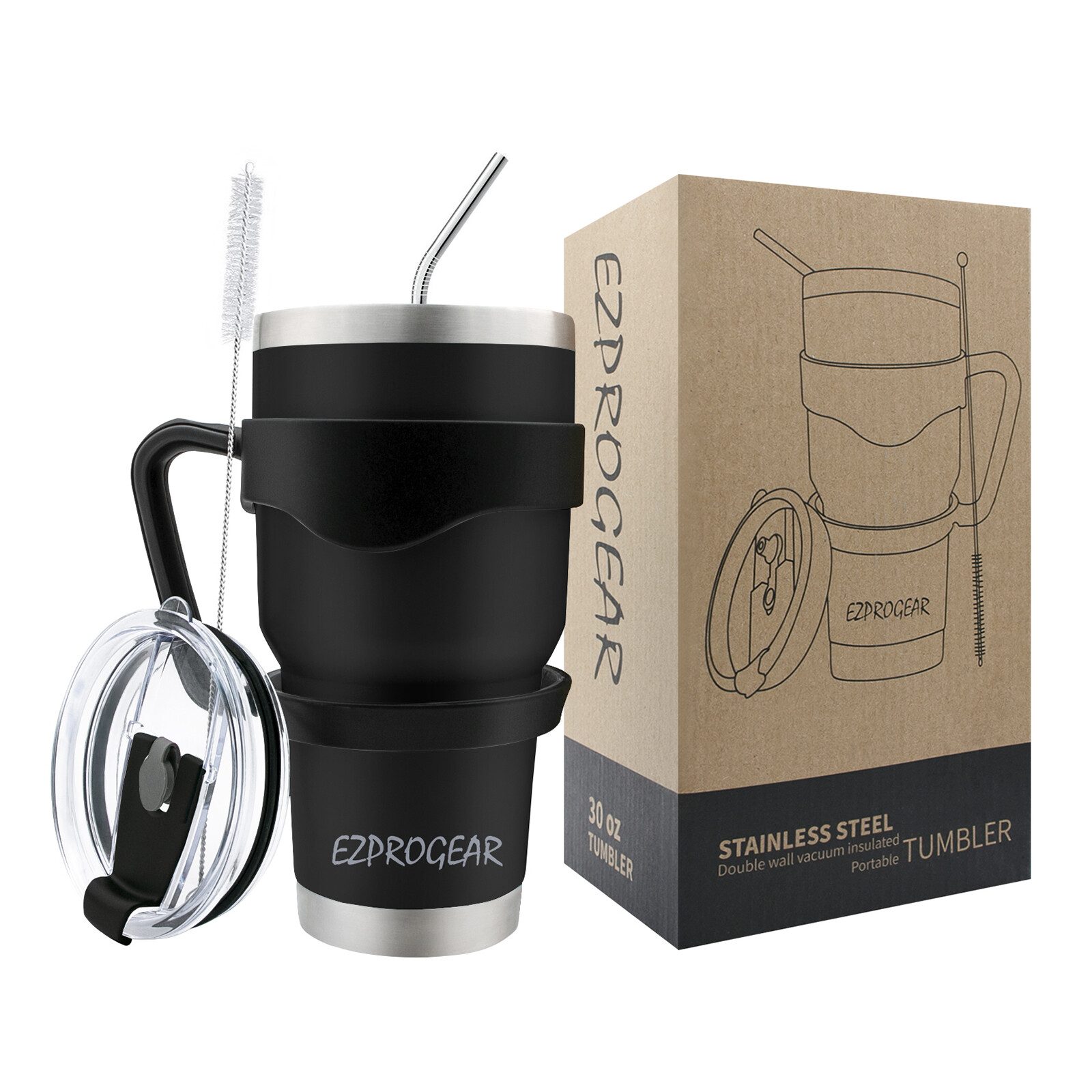 30 oz Stainless Steel Tumbler w/ Lid Handle & Straws Insulated Travel Coffee Mug