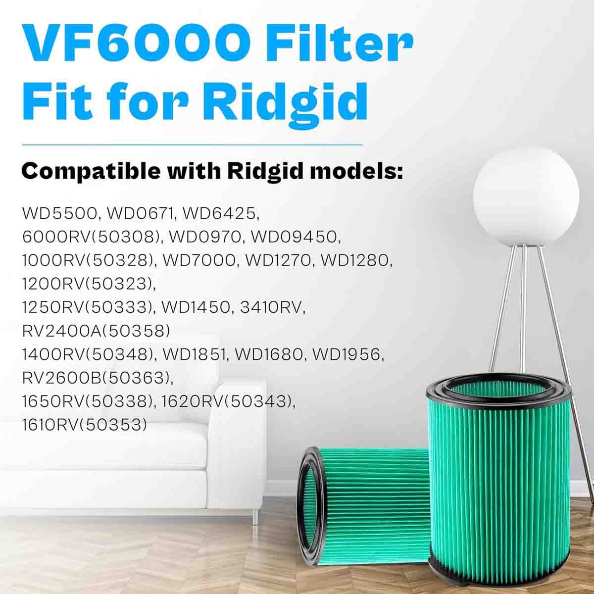 VF6000 Filter Replace For Ridgid Wet Dry Vac Vacuum 5-20 Gallon WD5500 WD0671