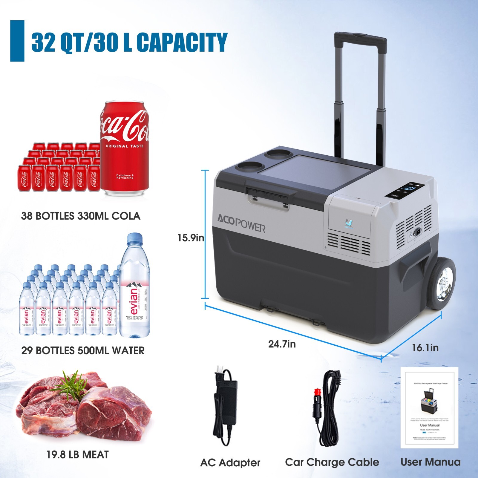 ACOPower 32QT Pro Portable Solar Powered Car Fridge Freezer, RV APP Control