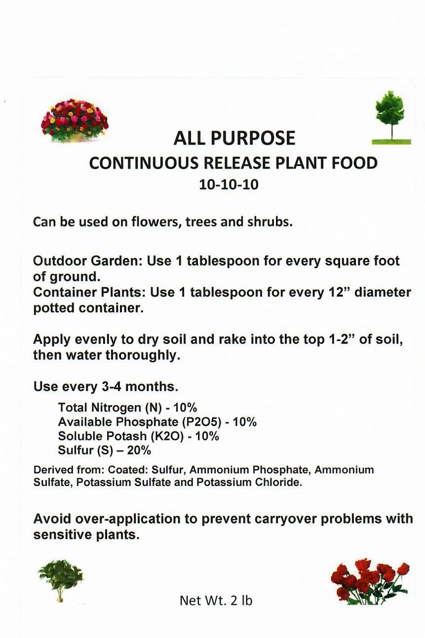 Fertilizer Continuous Release 10-10-10 Plant Food 2 lb Flower Vegetable Shrub