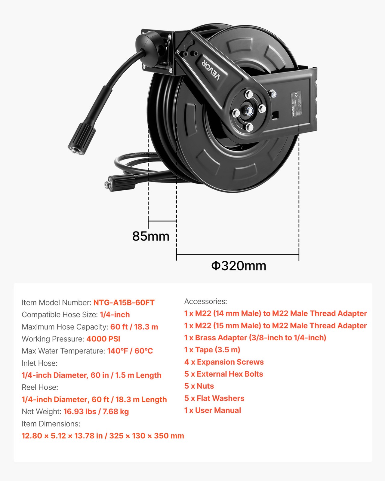 VEVOR Pressure Washer Hose Reel 60ft x 1/4in Retractable 4000PSI Auto-Rewinding