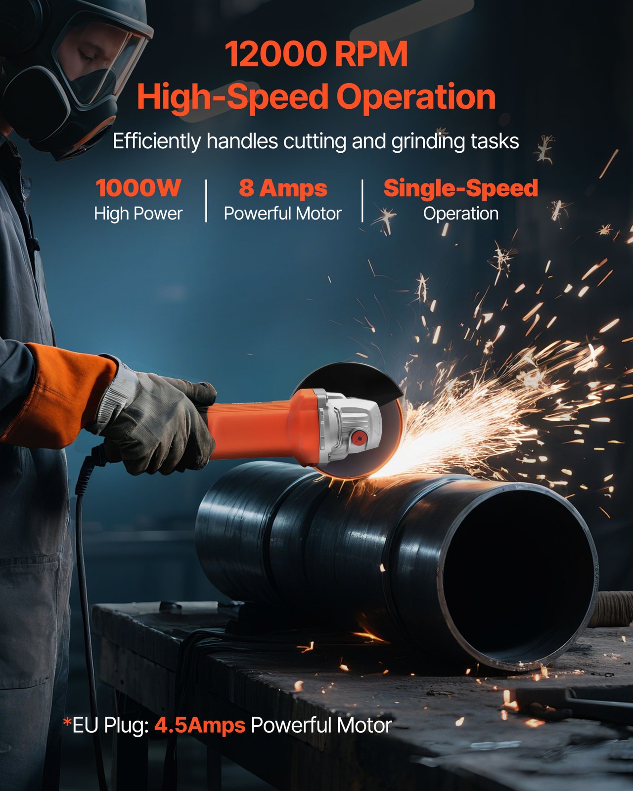 VEVOR Angle Grinder 4-1/2″ 8A Electric Grinder Power Tool 12000RPM High-Speed