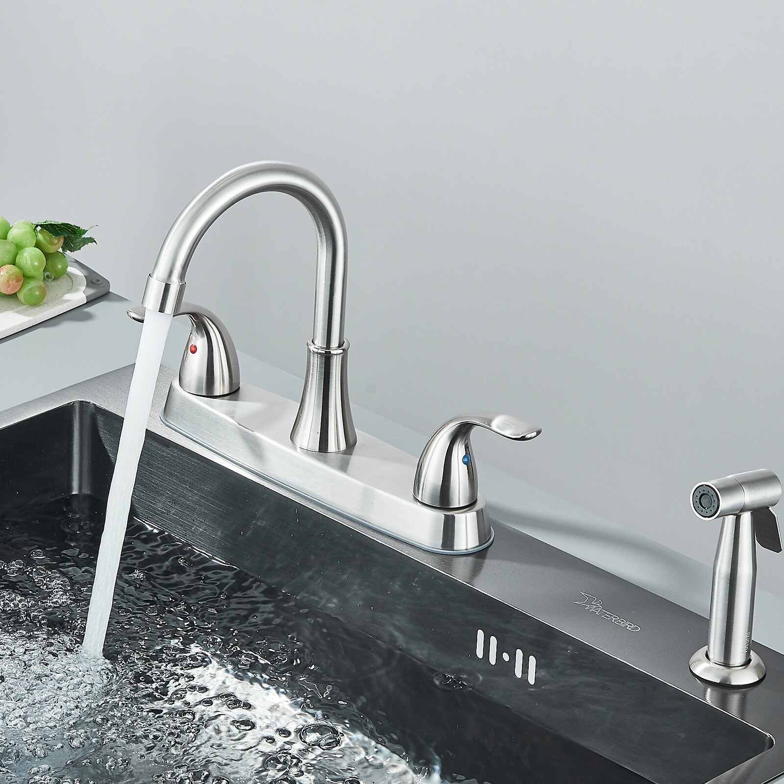Brushed Nickel Kitchen Faucet 2Handle 4 Hole Sink Mixer Faucet with Side Sprayer