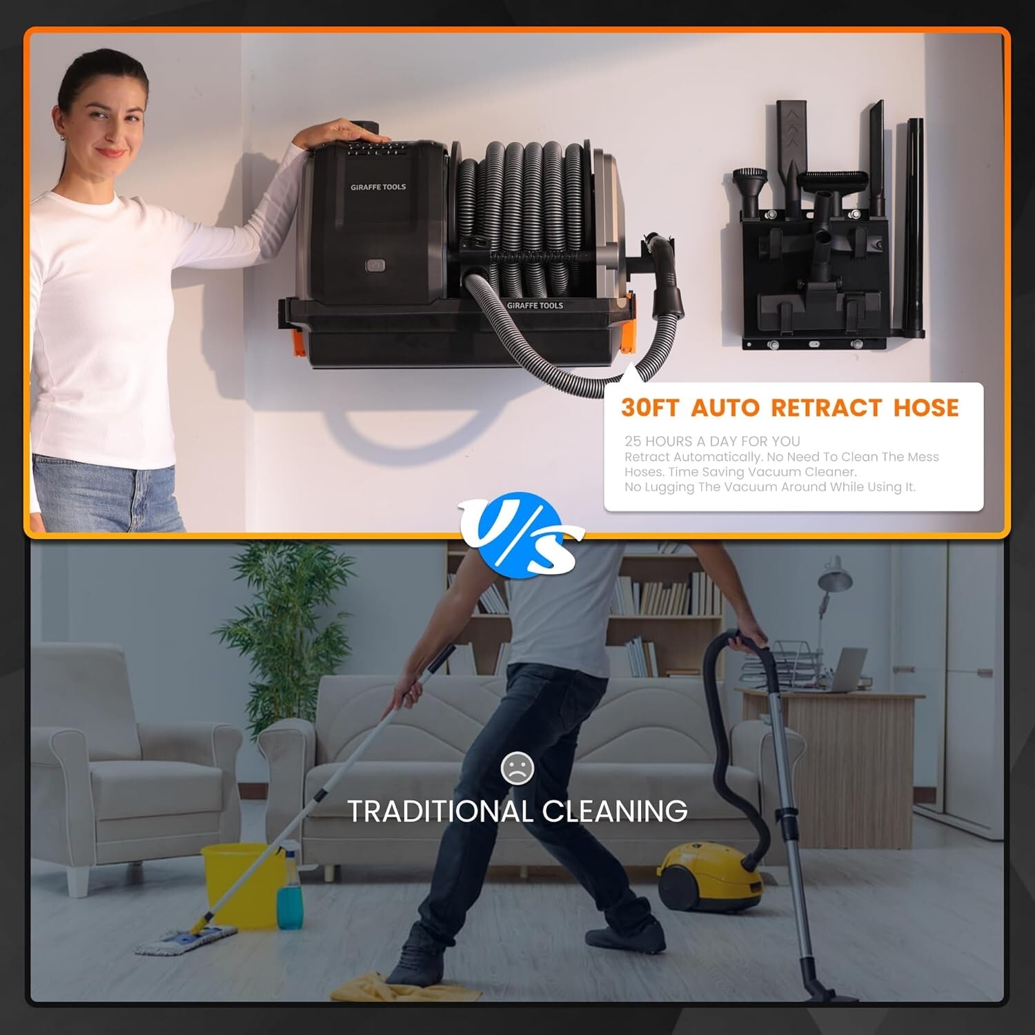 Giraffe Tools Wet Dry Vacuum Cleaner with 30FT Retractable Hose Wall-mounted USA