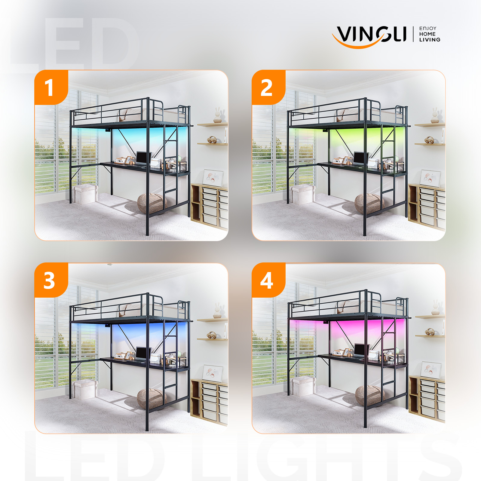 Twin Size Metal Loft Bunk Bed Frame for Kids Teens Adults with Desk Underneath