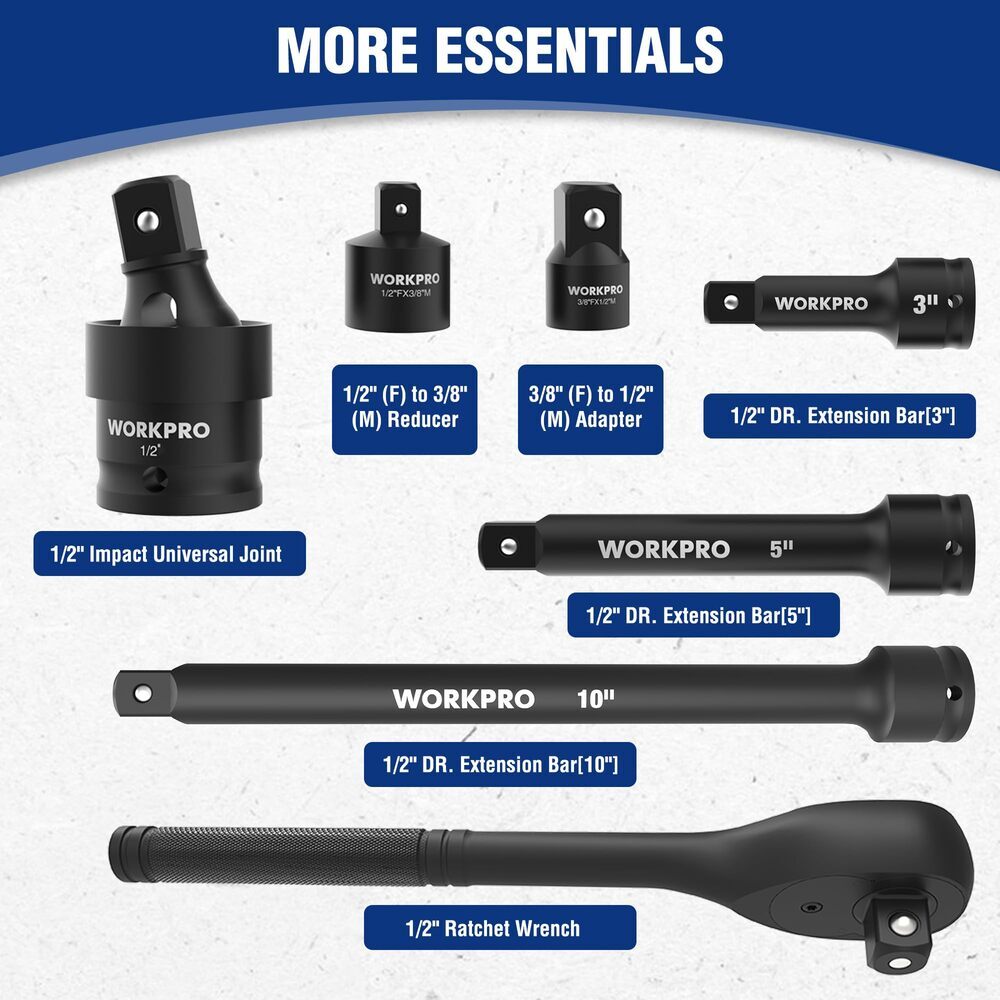 WORKPRO 65PC 1/2” Drive Impact Socket Sets 3/8″-1-1/4″ 10-24mm Deep Shallow Kits