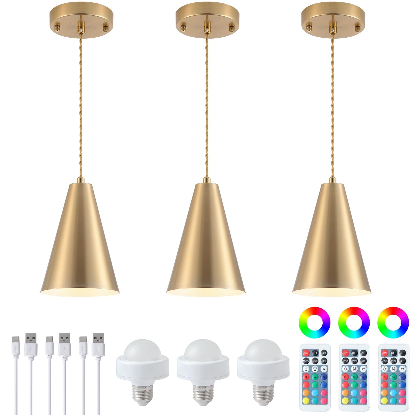 Dijiahua Gold Battery Operated Pendant Lights Kitchen 3 Pack, -RGB color