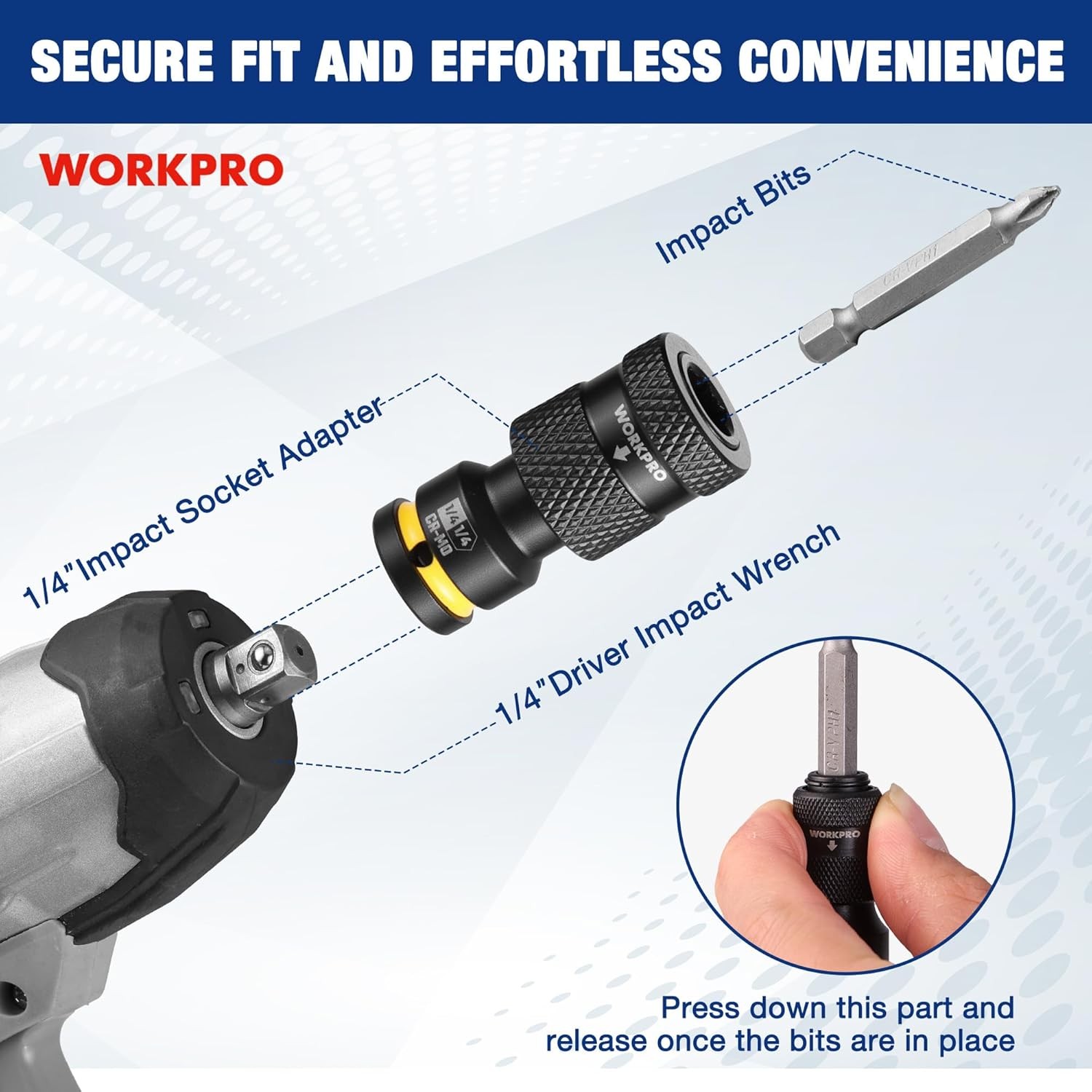 WORKPRO 1/4″ Square to 1/4-in Hex Quick Release Impact Socket Adapter Bit Holder