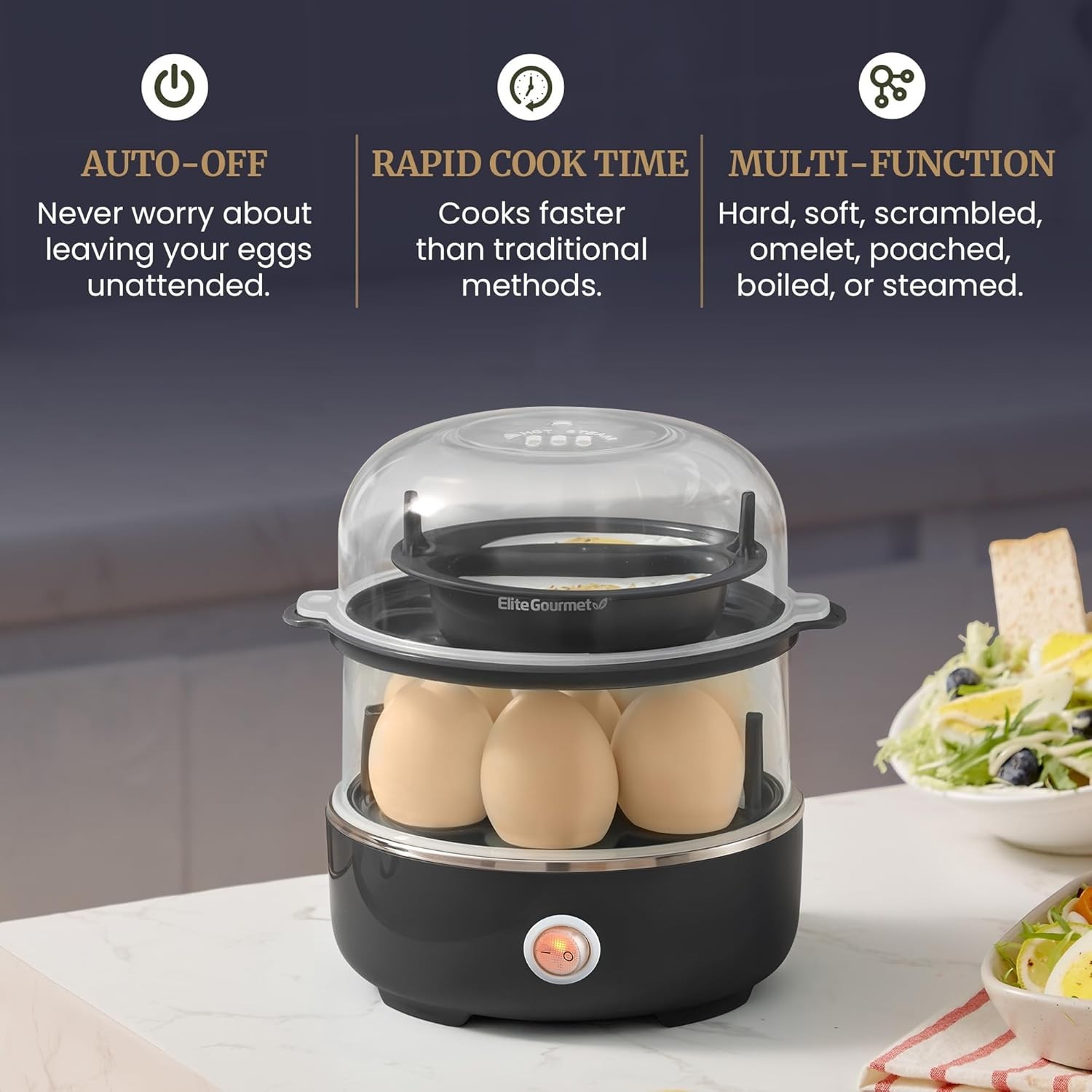 Compact Easy Egg Cooker for 14 Eggs Black with Removable Dishwasher Safe Parts