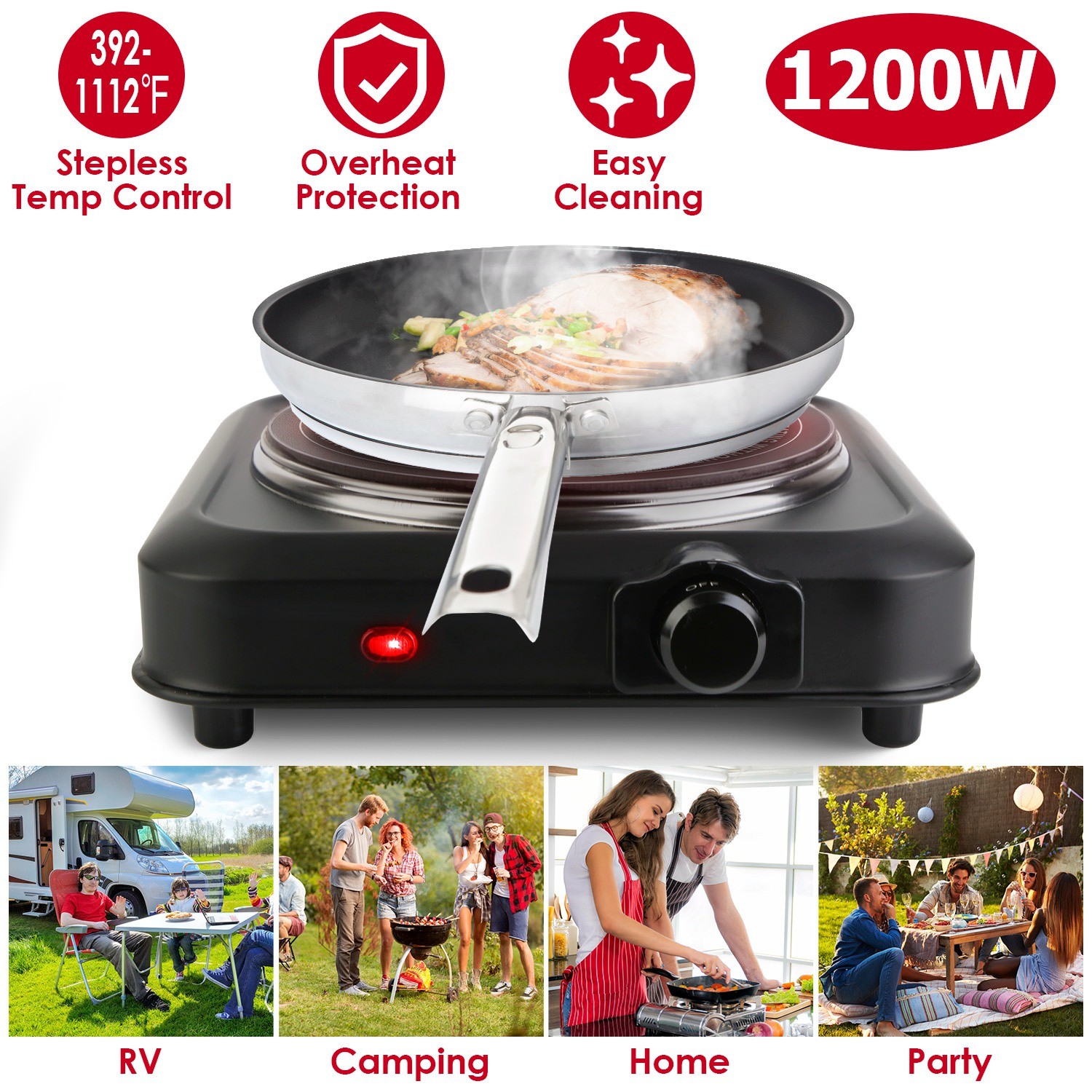 Adjustable Temperature Electric Burner Countertop Hot Plate Cooktop Stove