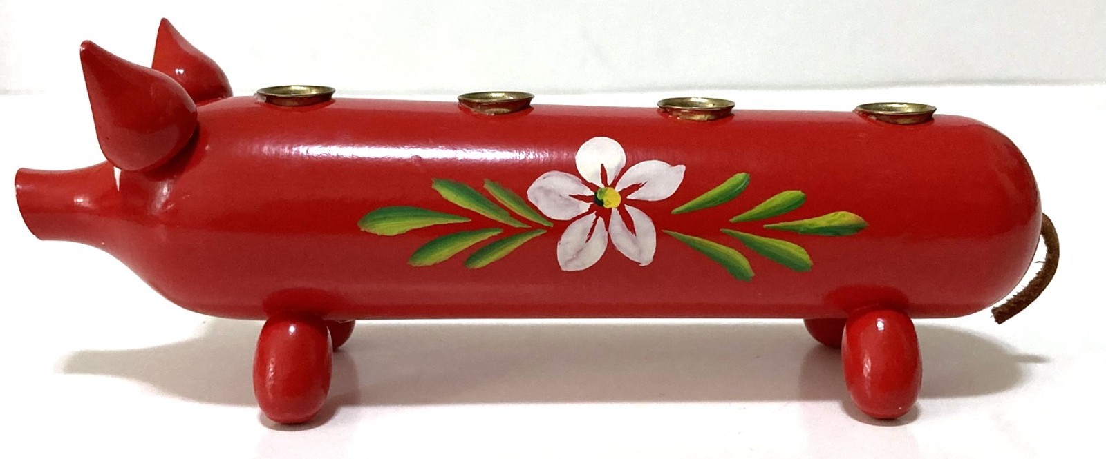 Red Wooden Pig Candle Holder 7.75″L Sweden Hand Painted Flowers Folk Art