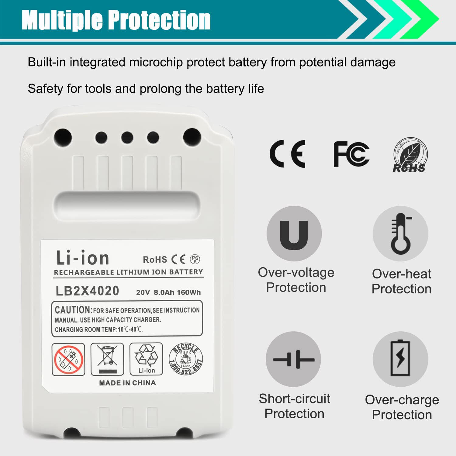 2PCS 20V 8.0Ah For Black and Decker Lithium Li-ion Battery LBXR20 LB2X4020 LBX20