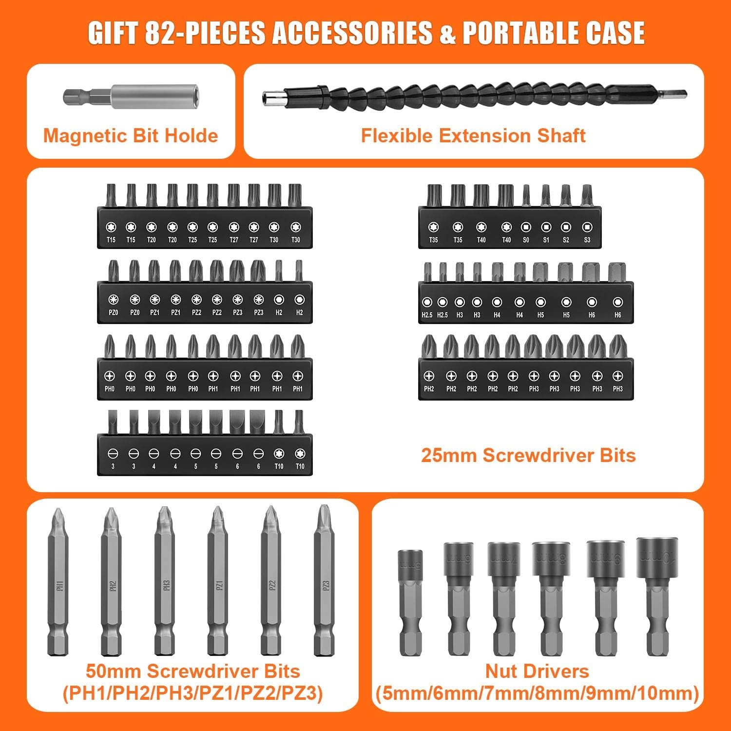 8V Max Cordless Electric Screwdriver Set, 82 Accs, 10Nm, LED