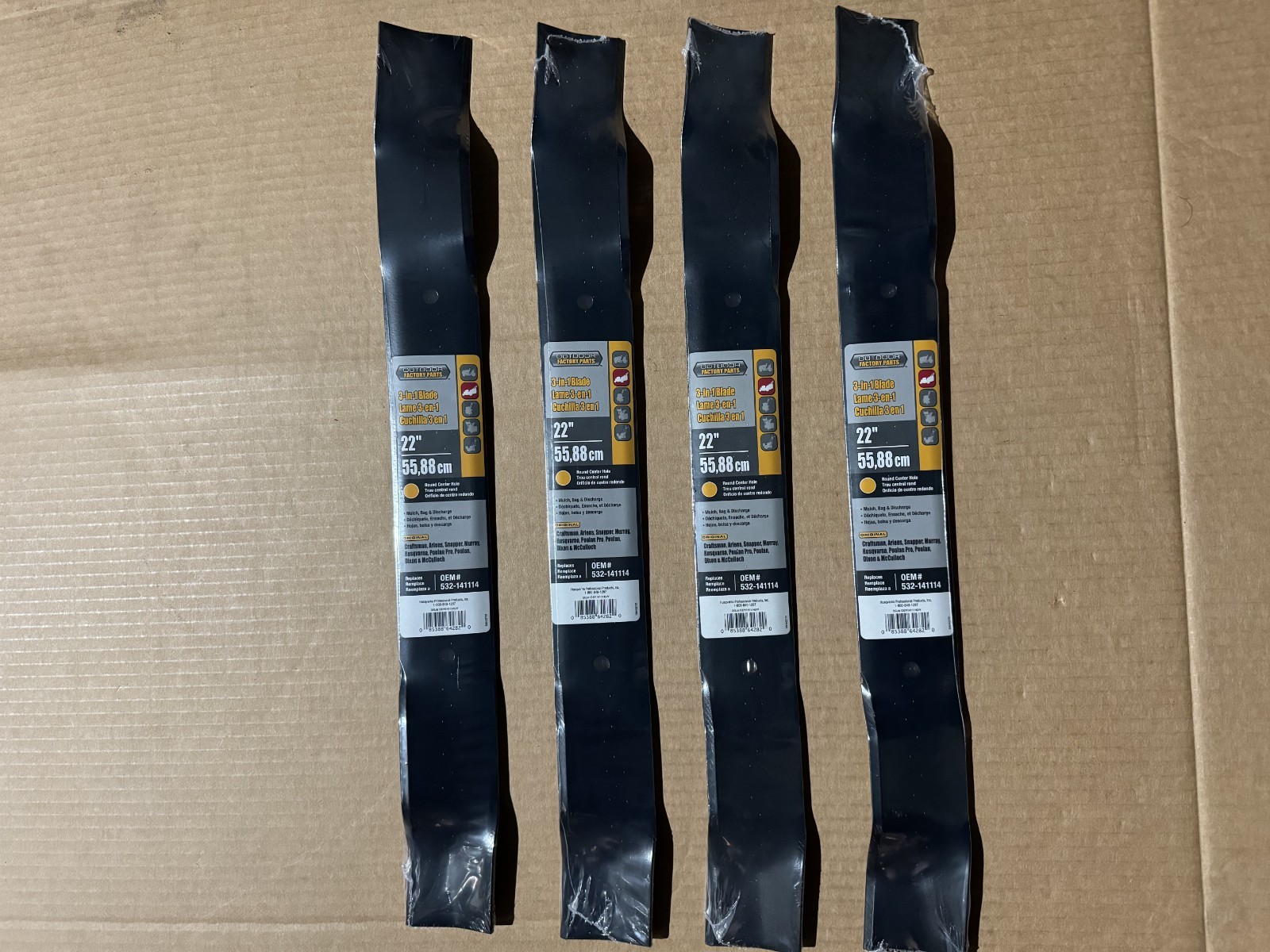 4 OEM HUSQVARNA CRAFTSMAN 22″ PUSH MOWER ROUND HOLE BLADES 141114 157101 406713