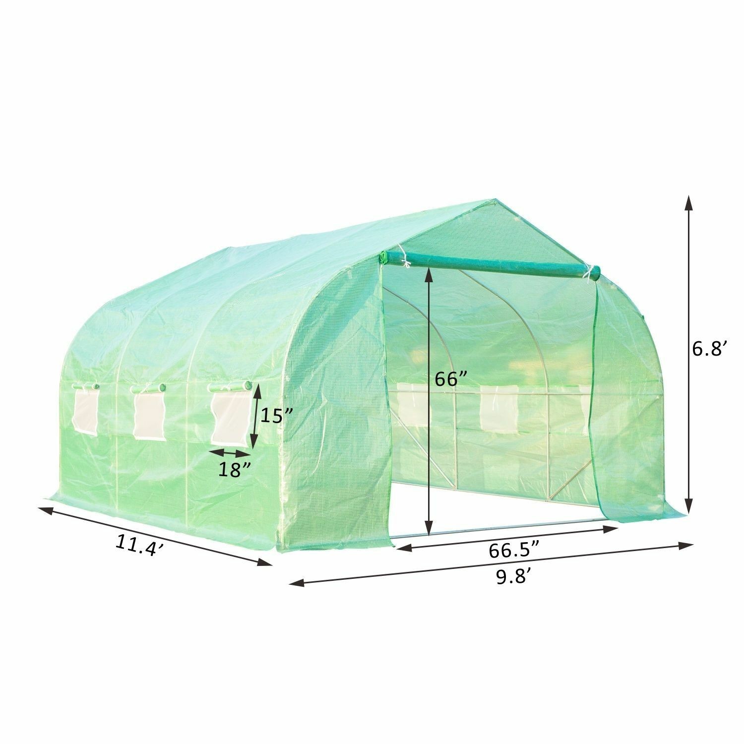 Walk-In Tunnel Greenhouse 11.4 x 9.8 x 6.8 ft Roll-Up Door 6 Windows