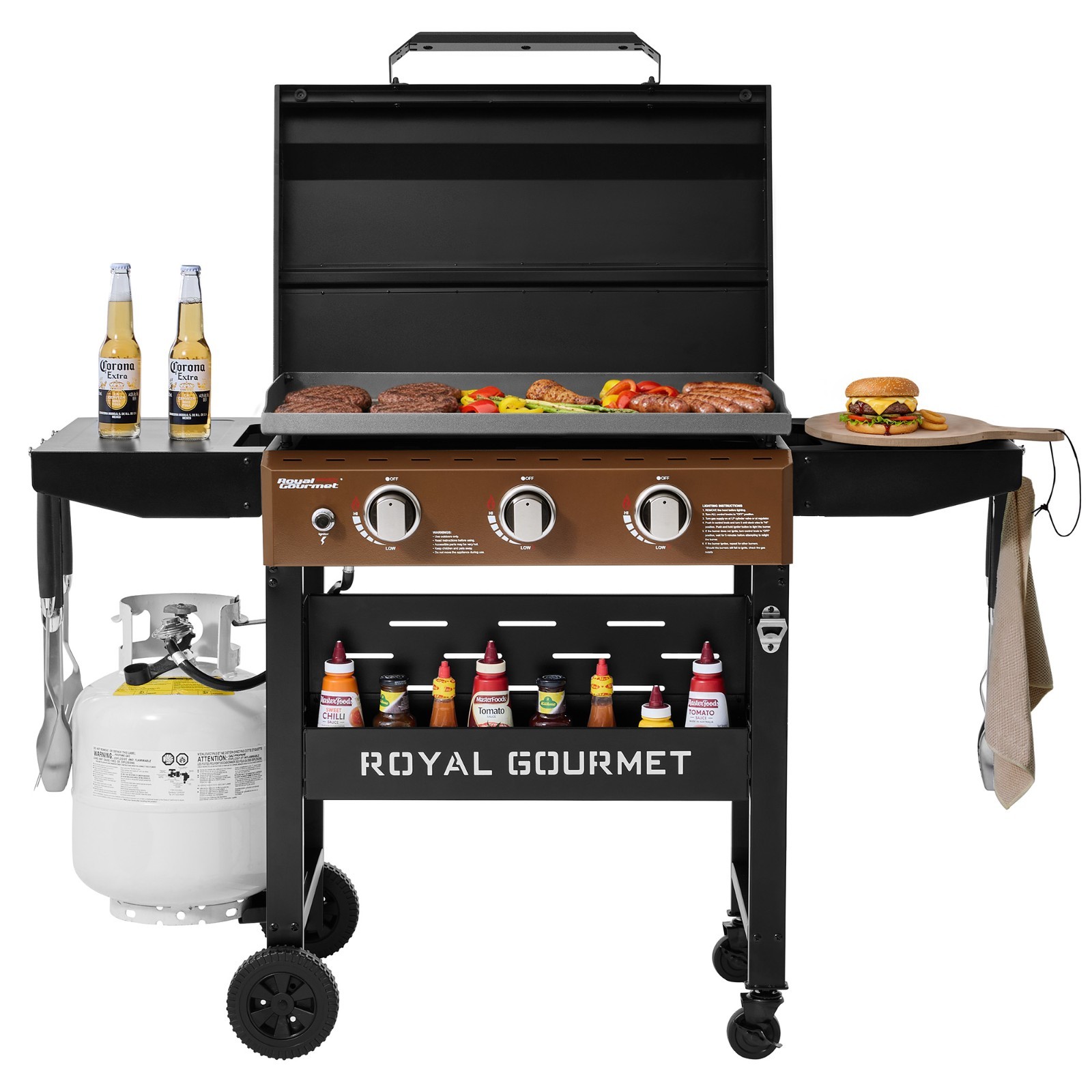 Royal Gourmet 3-Burner Gas Griddle with Hood, 492 Sq for Outdoor Cooking