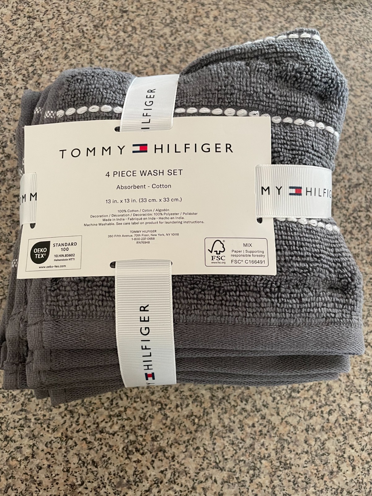 Tommy Hilfiger 4 Piece Wash Cloth Set 13in x 13in 100% cotton Dark Gray Striped
