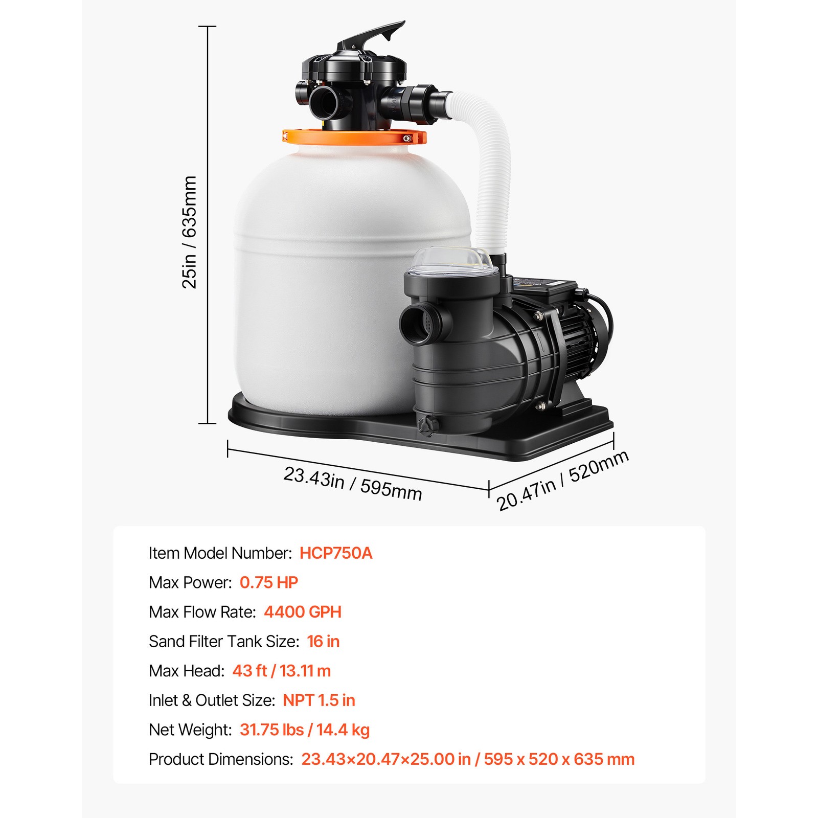 Uimoso 16″ Sand Filter Pump with Timer, 4400 GPH, 0.75HP for Above Ground Pools
