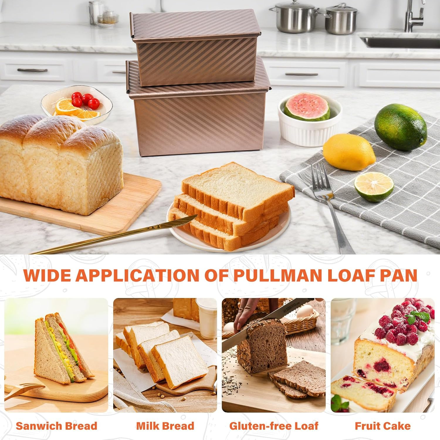 2 Pack Pullman Loaf Pan with Lid, 1 Lb/0.5 Lb Dough Capacity for Homemade Bread,