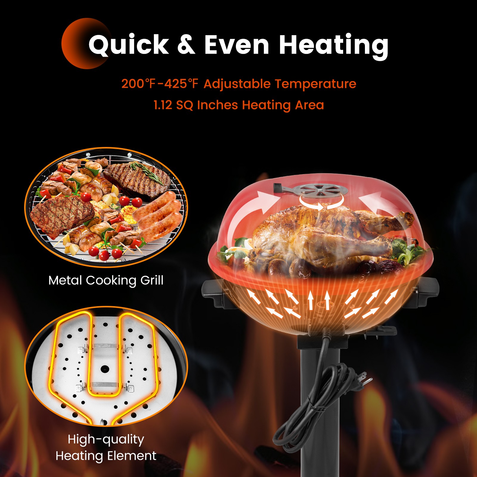 Portable 1600W Electric BBQ Grill w/ Temperature Control & Grease Collector Red