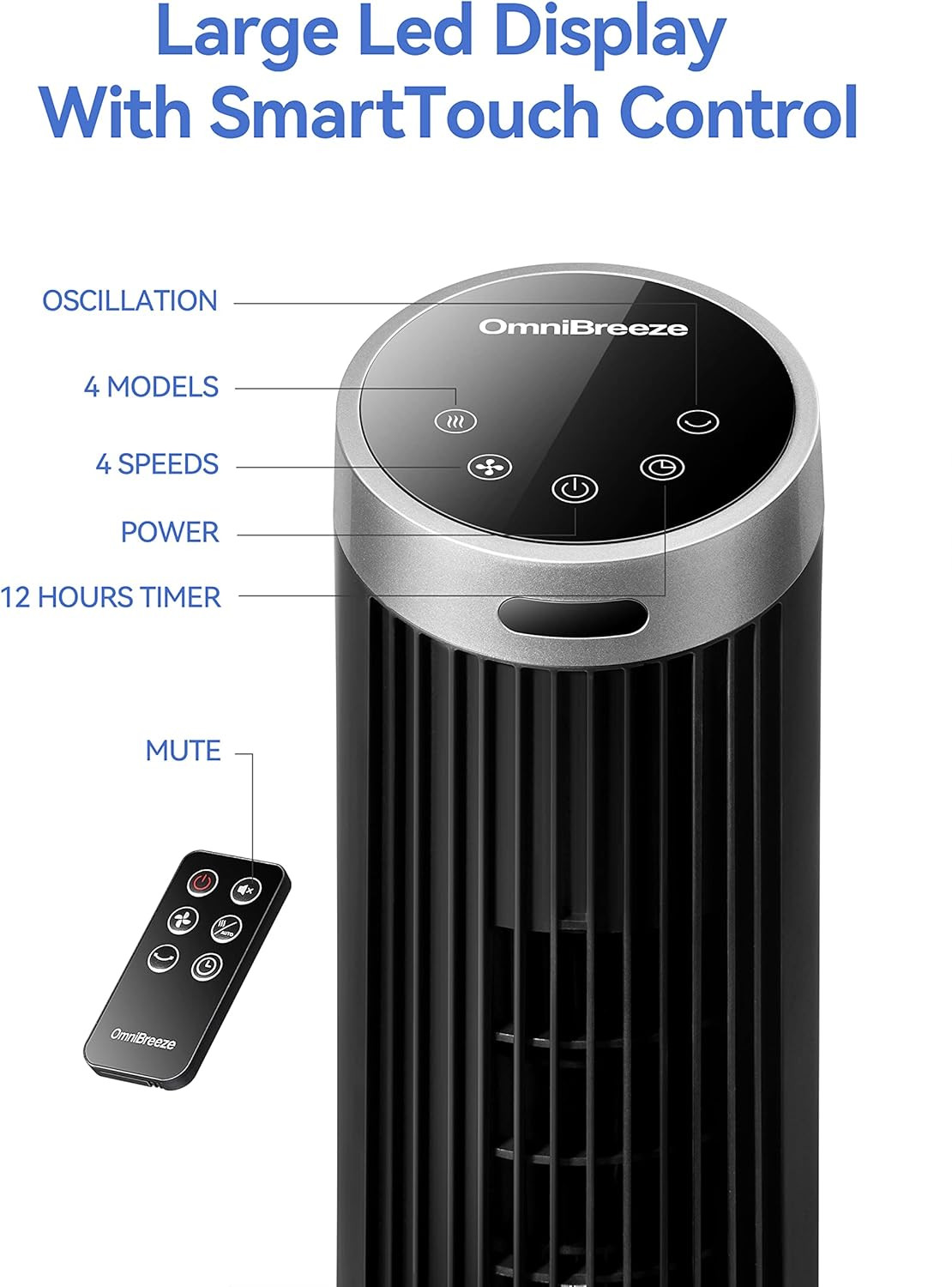 OmniBreeze Digital Electric Tower Fan, with Remote Control, LED Display, Standin