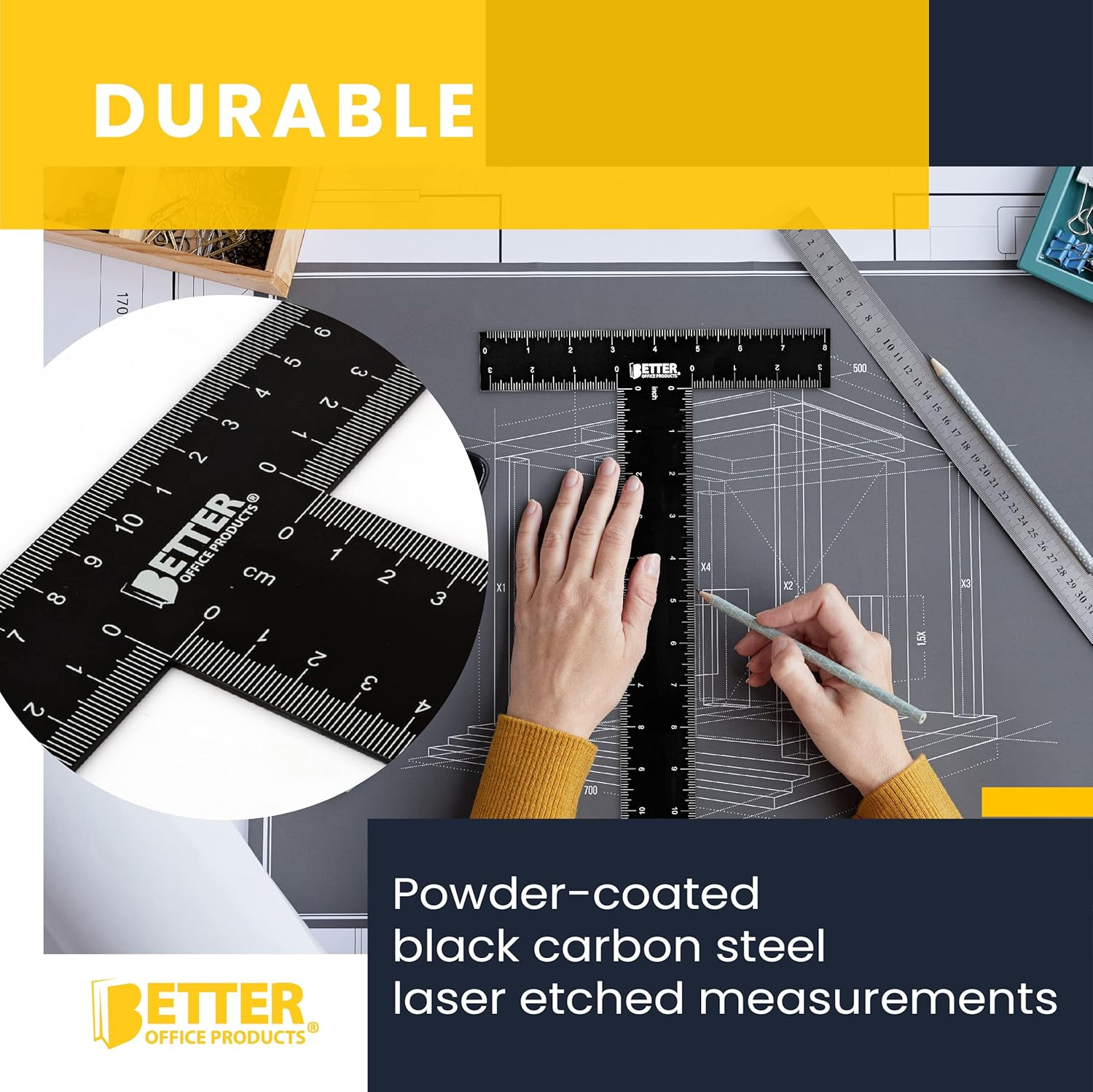 T Square (2 Pack) T Ruler, 12 inch Metal Carbon Steel Ruler, Double Sided Standa