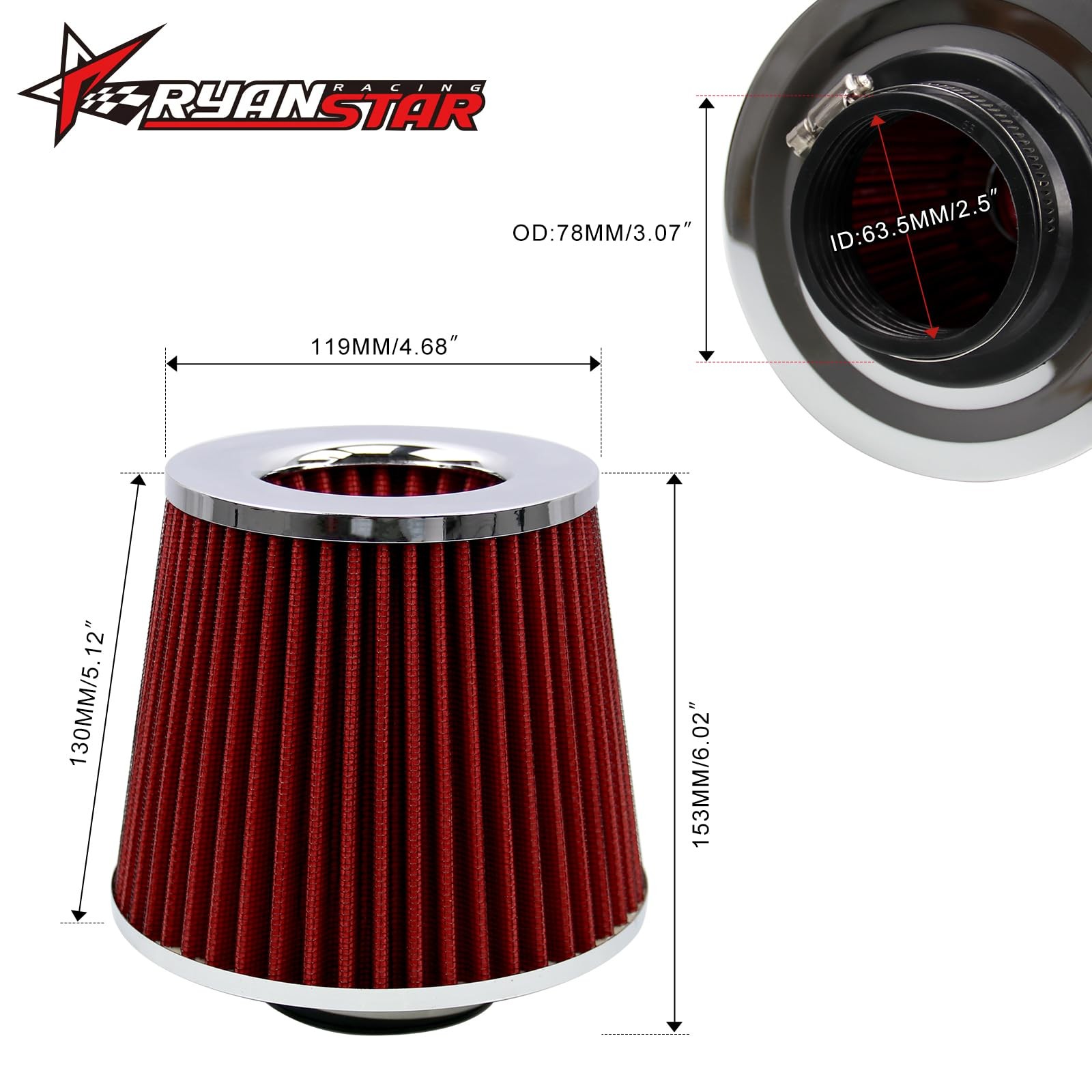 Air Filter Cleaner 63mm 2.5 in High Flow Round Tapered Cone Cool Intake