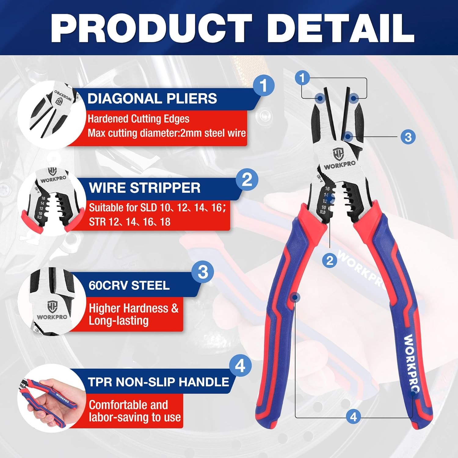 WORKPRO Diagonal Cutting Plier 7.5″ Wire Stripper Heavy Duty Side-Cutting Pliers