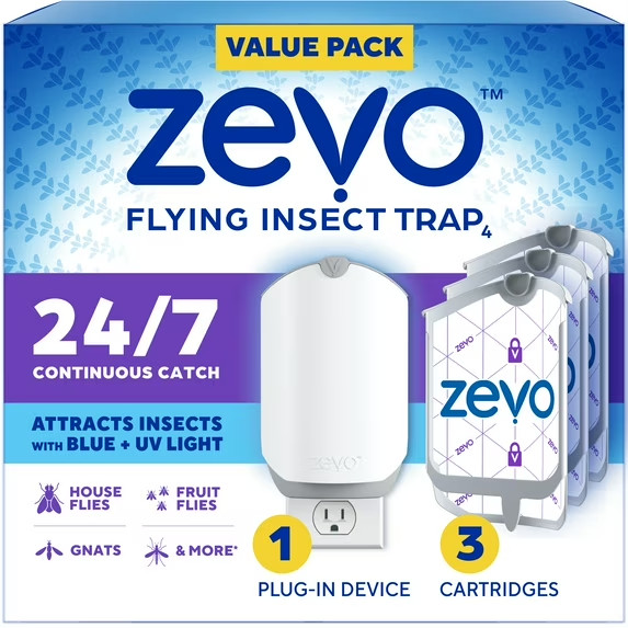 Zevo Flying Insect Trap (1 Plug-in Base + 3 Cartridges) Featuring Blue UV Light