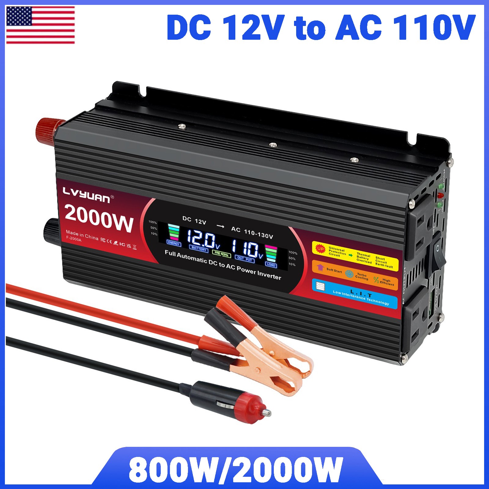 800W 2000W Power Inverter 12V to 110V 120V LCD 2AC 2USB Adapter Converter Home