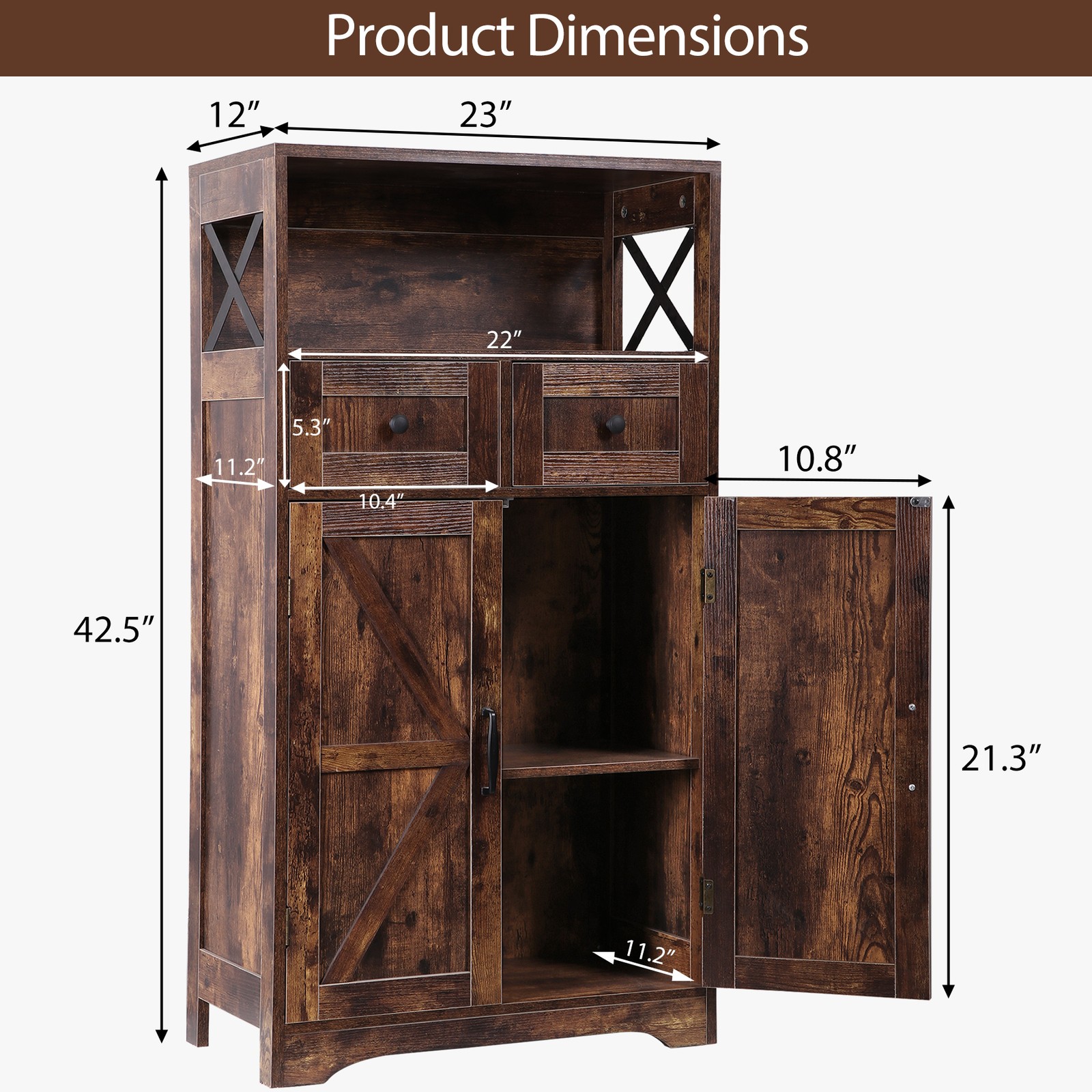 Brown Storage Cabinet with Doors & Drawers Freestanding Kitchen Pantry Cabinet
