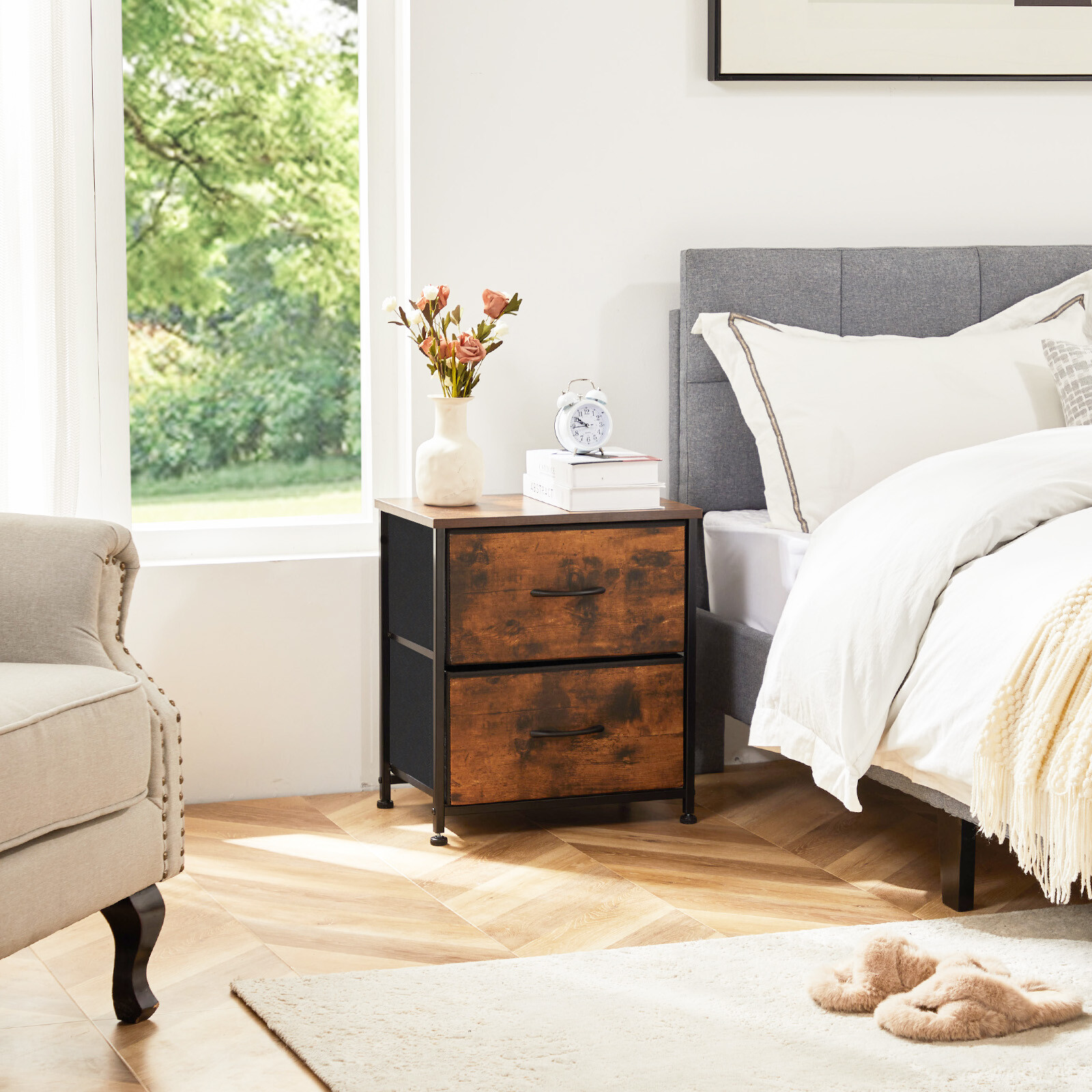 2Pcs Nightstand End Table Side Table with 2 Fabric Drawers Bedside Table Bedroom