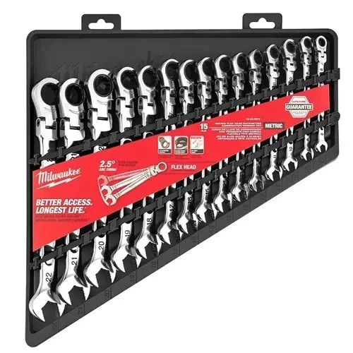 Milwaukee 48-22-9513 Flex Head Ratcheting Metric Combination Wrench Set – 15 PC