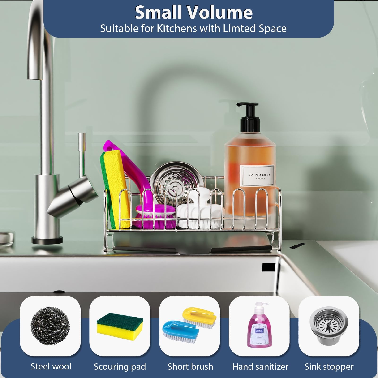 8.27×2.95×3.43 In 304 Stainless Steel Kitchen Sink Sponge Holder Caddy