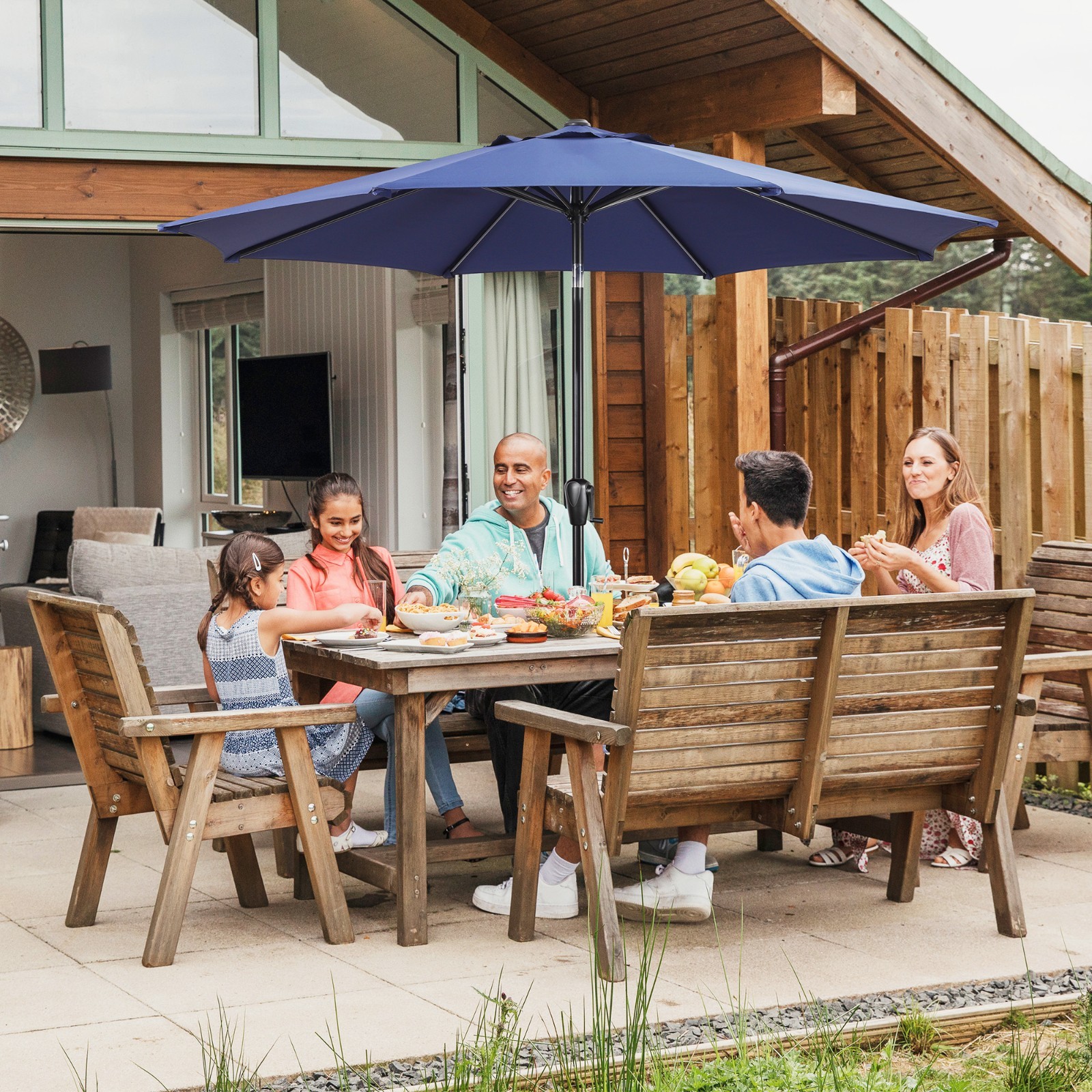 Sun-Ray 9′ Round Patio Umbrella with Push-Button Tilt & Crank Lift, Multi Colors