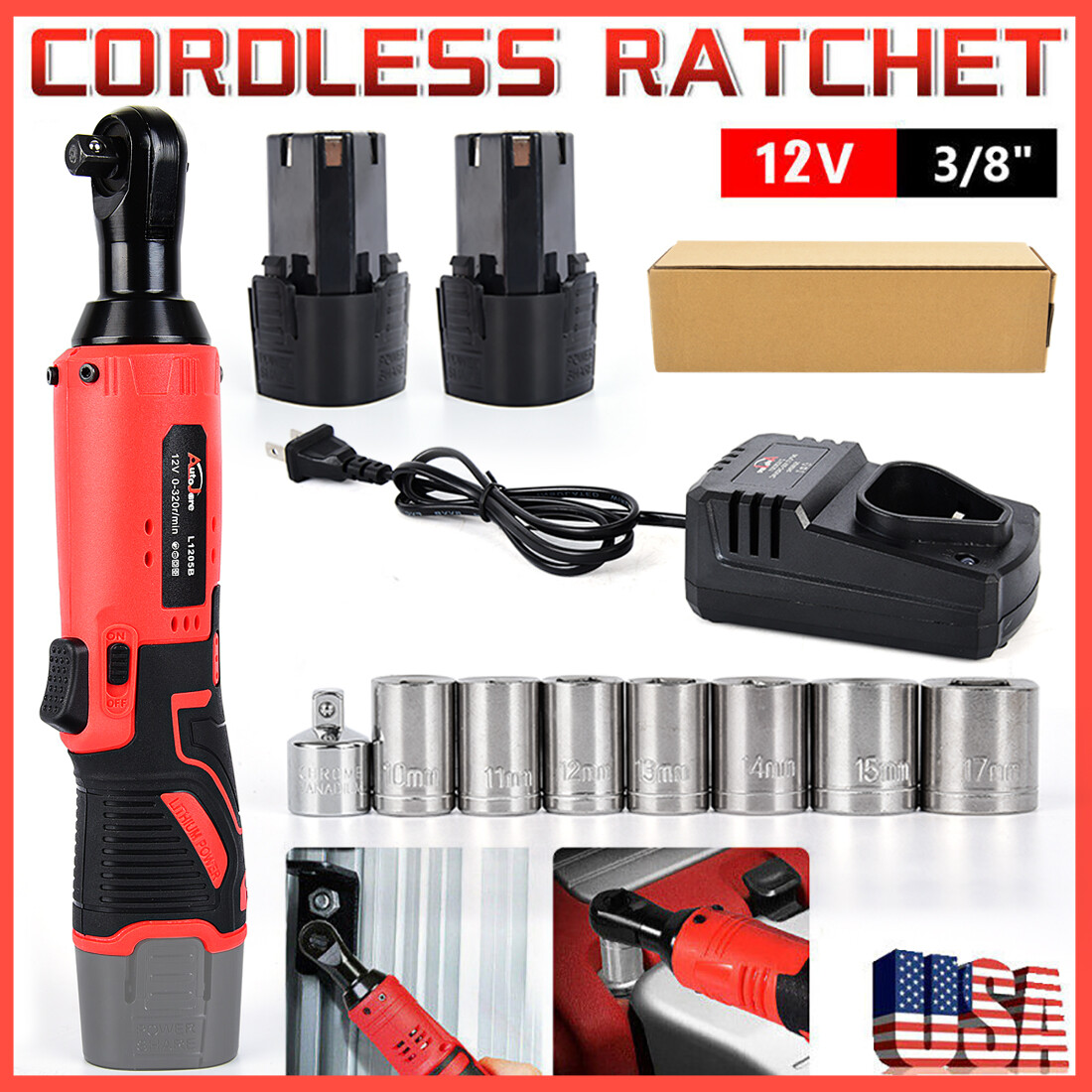 12V 3/8″ Cordless Electric Ratchet Socket impact Wrench Right Angle Battery 60Nm
