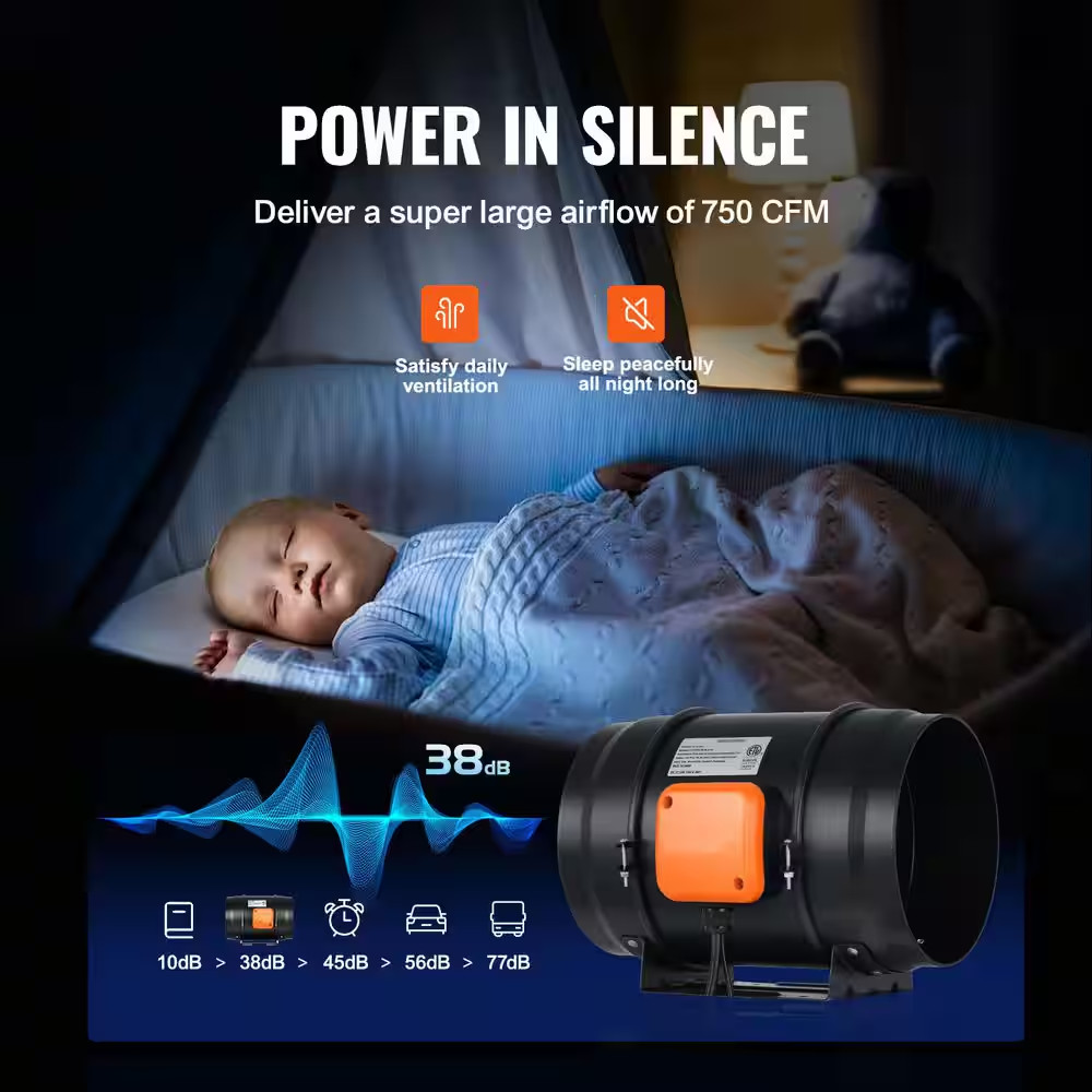 Inline Duct Fan, 8 In. 750CFM with Variable Speed Controller, Quiet Ac-Motor Ven