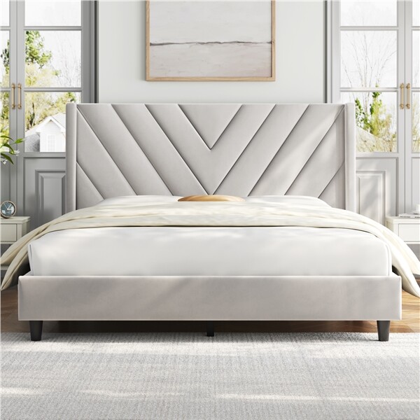 Full/Queen Upholstered Bed Frame with Wing Side Headboard, No Box Spring Needed
