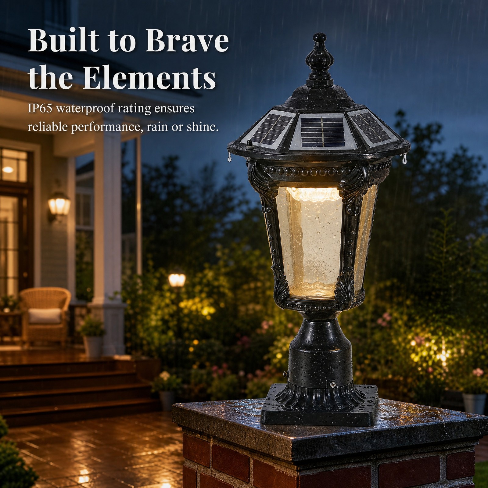 19” Solar Lamp Post Light Outdoor Black Pillar Dusk To Dawn With Remote Control