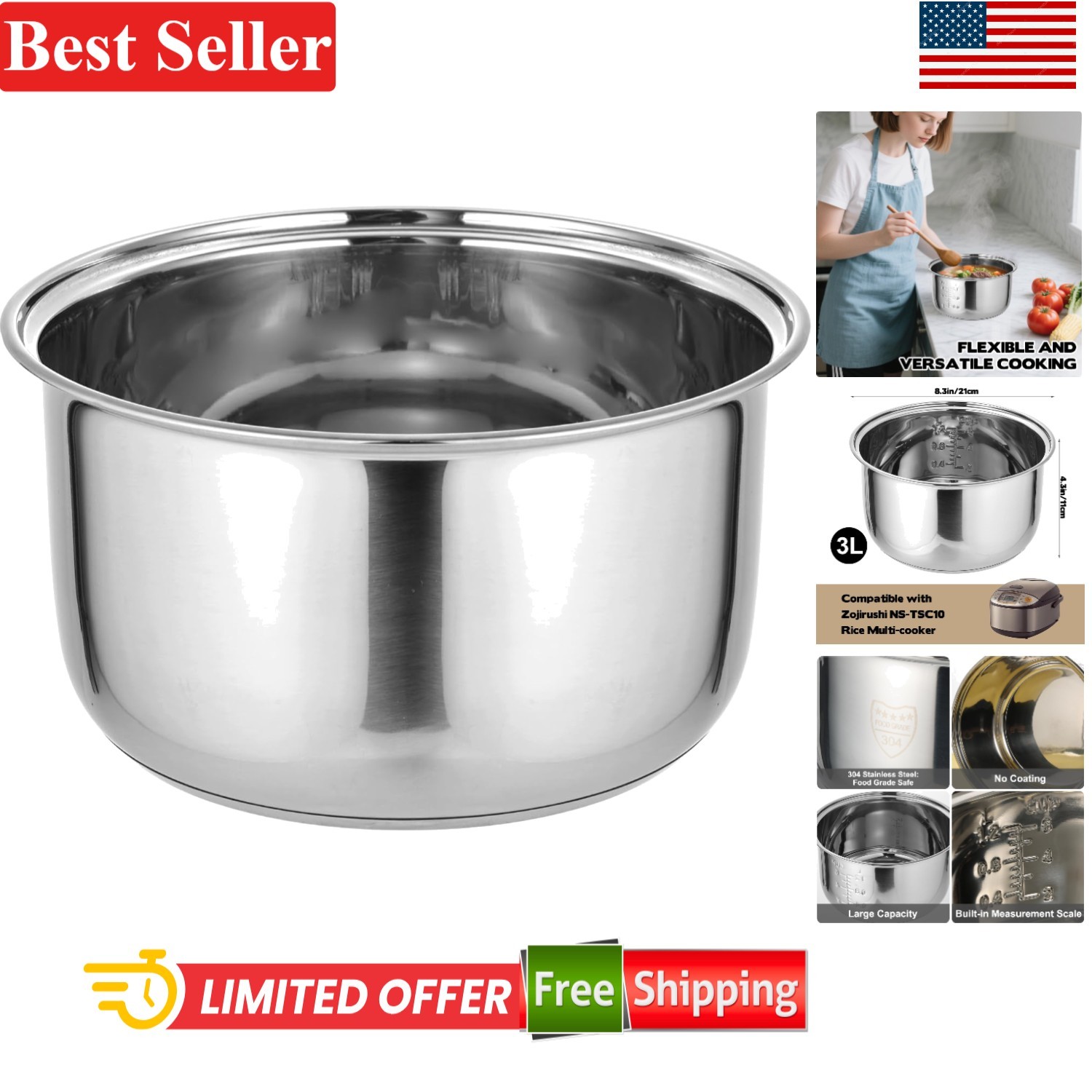 Easy-to-Clean 304 Stainless Steel Inner Pot for Zojirushi Rice Multi-Cooker