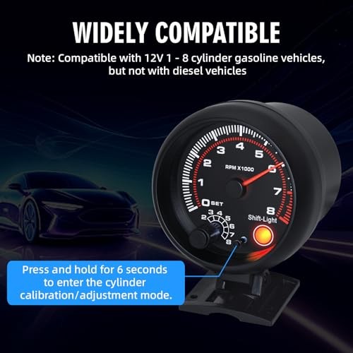RPM Tachometer Gauge with Shift Light for Car 0-8000 RPM 3-3/4″ 95mm Tach