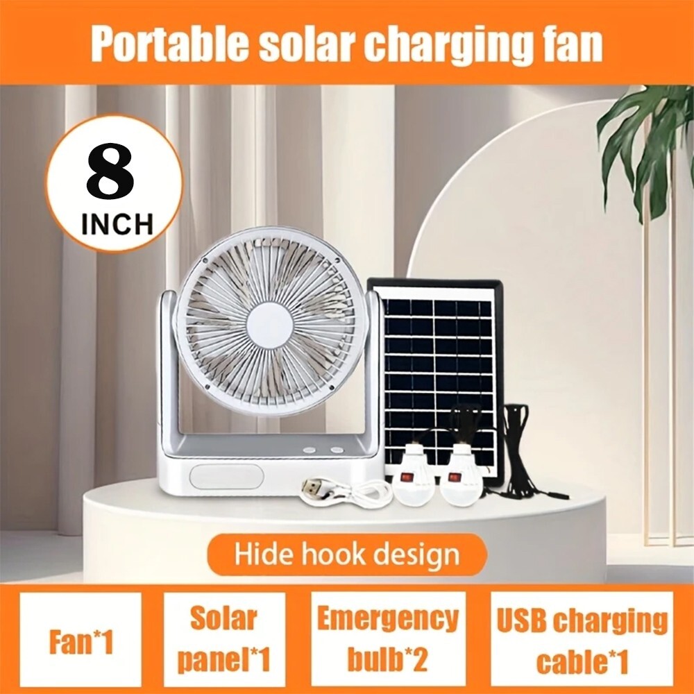 8 INCH Rechargeable Fan 30 dB With solar panel, Variable Speed and 2 Free bulbs