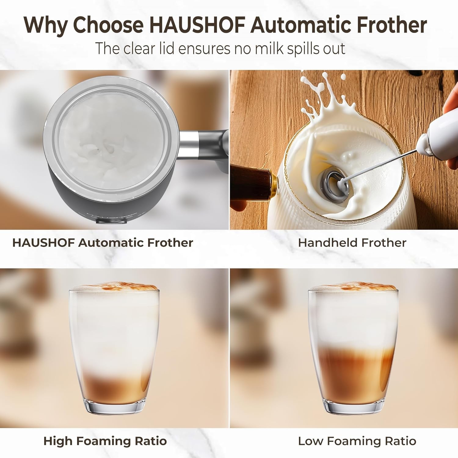 HAUSHOF 4-in-1 Electric Milk Frother Steamers Large Capacity Automatic Warm Cold